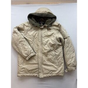 Giordano Mens Khaki Tan Sherpa Lined Hooded Full Zip Snap Parka Jacket M